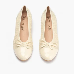 Calzaro Bailarinas | Bailarinas de Mujer en Piel 5712 con Textil con Ribete Elástico y Adorno Lazo Tacón Bajo Crema Beige