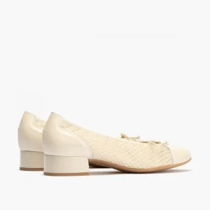 Calzaro Bailarinas | Bailarinas de Mujer en Piel 5712 con Textil con Ribete Elástico y Adorno Lazo Tacón Bajo Crema Beige