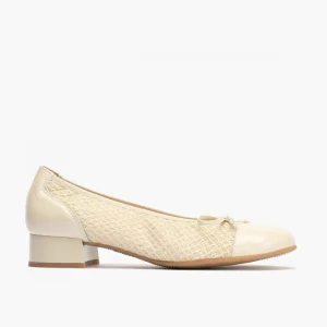 Calzaro Bailarinas | Bailarinas de Mujer en Piel 5712 con Textil con Ribete Elástico y Adorno Lazo Tacón Bajo Crema Beige