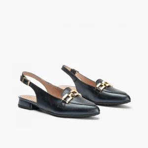 Calzaro Zapatos De Tac贸n | Bailarinas | Mocasines de Mujer 5785 Destalonados en Piel Laminada con Adorno Cadena Metálica Azul.
