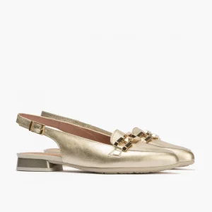Calzaro Zapatos De Tac贸n | Bailarinas | Mocasines de Mujer 5785 Destalonados en Piel Laminada con Adorno Cadena Metálica Dorado.