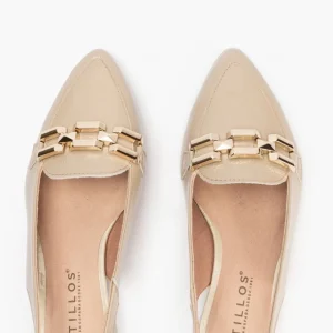 Calzaro Zapatos De Tac贸n | Bailarinas | Mocasines de Mujer 5784 Destalonados en Piel Charol con Adorno Cadena Metálica Beige Piedra.