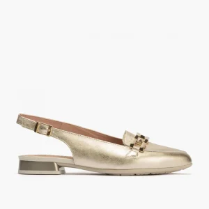 Calzaro Zapatos De Tac贸n | Bailarinas | Mocasines de Mujer 5785 Destalonados en Piel Laminada con Adorno Cadena Metálica Dorado.