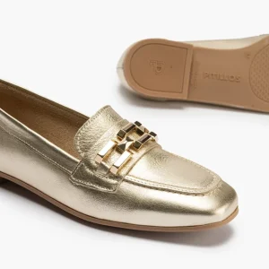 Calzaro Mocasines | Mocasines de Mujer 5641 en Piel Laminada con Adorno y Tacón Bajo Dorado