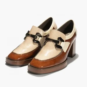 Calzaro Zapatos De Tac贸n | MocasinPiel Charol 5484 Cuero-Piedra-Beige.