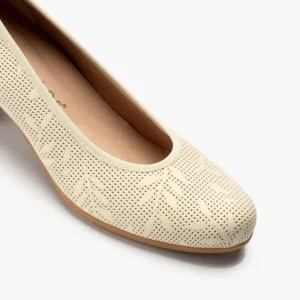 Calzaro Confort | Salón Mujer Grabado Tacon Medio 5092 Crema Beige