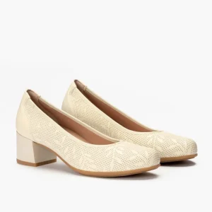 Calzaro Confort | Salón Mujer Grabado Tacon Medio 5092 Crema Beige