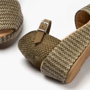 Calzaro Sandalias | Sandalia Cuña Forrada Rafia 1483 Kaki con Hebilla.