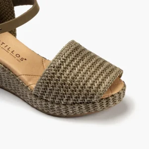 Calzaro Sandalias | Sandalia Cuña Forrada Rafia 1483 Kaki con Hebilla.