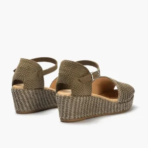 Calzaro Sandalias | Sandalia Cuña Forrada Rafia 1483 Kaki con Hebilla.