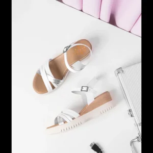 Calzaro Sandalias | Sandalia Cuña Piel 3025 Blanco Plata Ela.