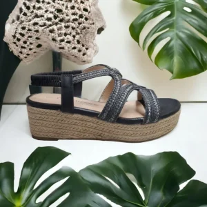 Calzaro Alpargatas | Alpargatas | Sandalia Cuña Yute  23526 Negro Tiras Trenza