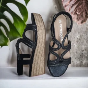 Calzaro Alpargatas | Alpargatas | Sandalia Cuña Yute 23526 Negro Tiras Trenza