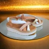 Calzaro Sandalias | Sandalia Cuñina 3744 Tubulares Cuero, Oro y Blanco.
