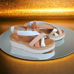 Calzaro Sandalias | Sandalia Cuñina 3744 Tubulares Cuero, Oro y Blanco.