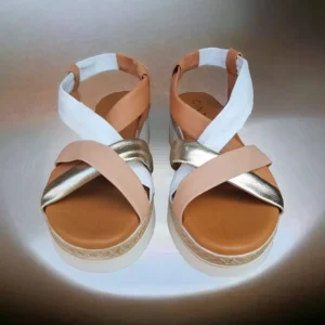 Calzaro Sandalias | Sandalia Cuñina 3744 Tubulares Cuero, Oro y Blanco.
