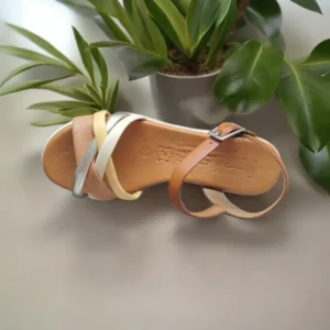 Calzaro Sandalias | Sandalia Cuñina Baja 4220 Tubulares Cuero, Oro, Taupe y Mostaza Combi 4