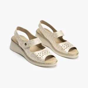 Calzaro Sandalias | Sandalia Mujer 5680 Ancho Especial Con Velcro Dorado.