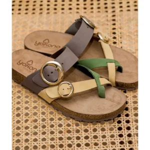 Calzaro Sandalias Bios | Sandalia Plana Jerba 122 Amarillo, Verde-Oliva y Marrón.