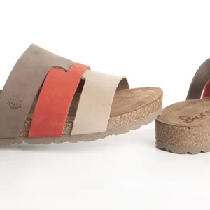 Calzaro Sandalias Bios | Sandalia Plana Jerba 116 Coral Rojo, Taupe y Marrón.