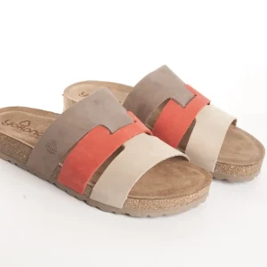 Calzaro Sandalias Bios | Sandalia Plana Jerba 116 Coral Rojo, Taupe y Marrón.