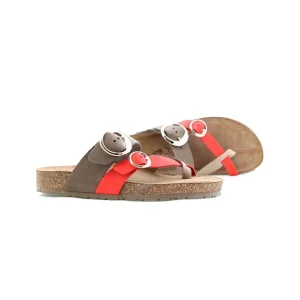 Calzaro Sandalias Bios | Sandalia Plana Jerba 122 Rojo Coral, Taupe y Marrón.