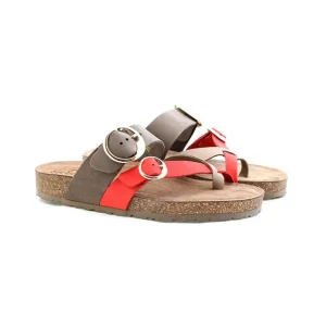 Calzaro Sandalias Bios | Sandalia Plana Jerba 122 Rojo Coral, Taupe y Marrón.