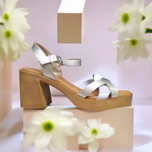 Calzaro Sandalias | Sandalia Tacón Ancho Alto 4177 Blanco y Oro